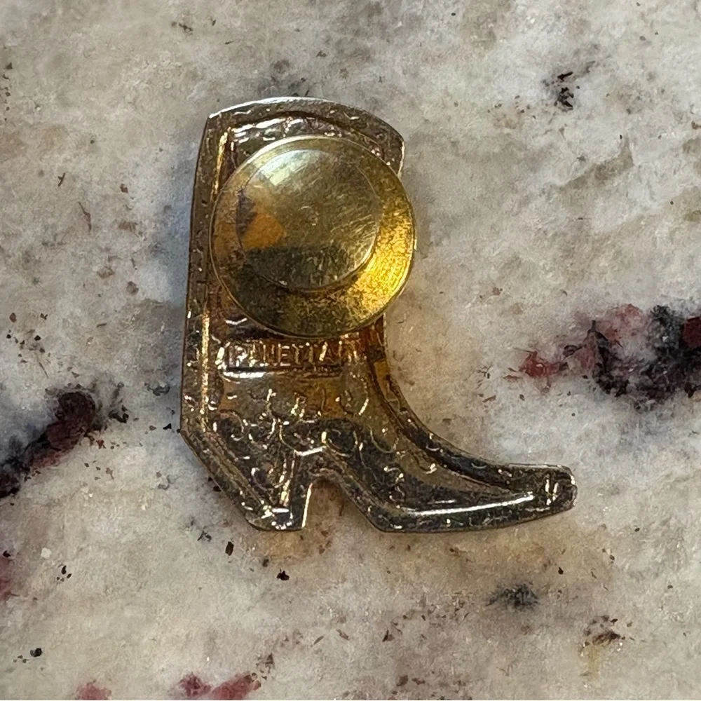 Vintage 80s Panetta Cowboy Boot Pin Gold Tone Crystal Tie Tack Jewelry Western